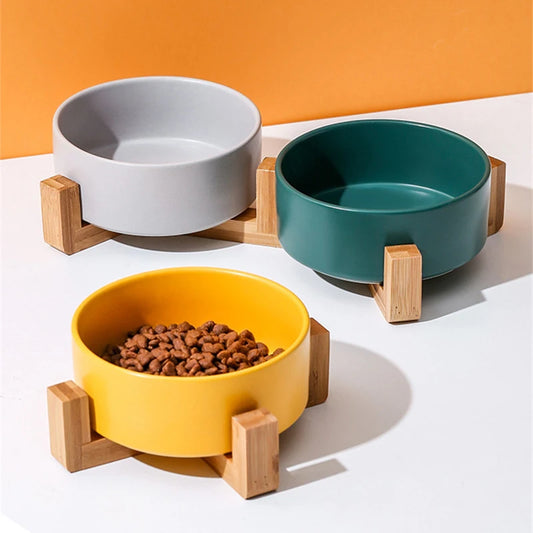 Ceramic Pet Feeding Bowl with Wooden Stand